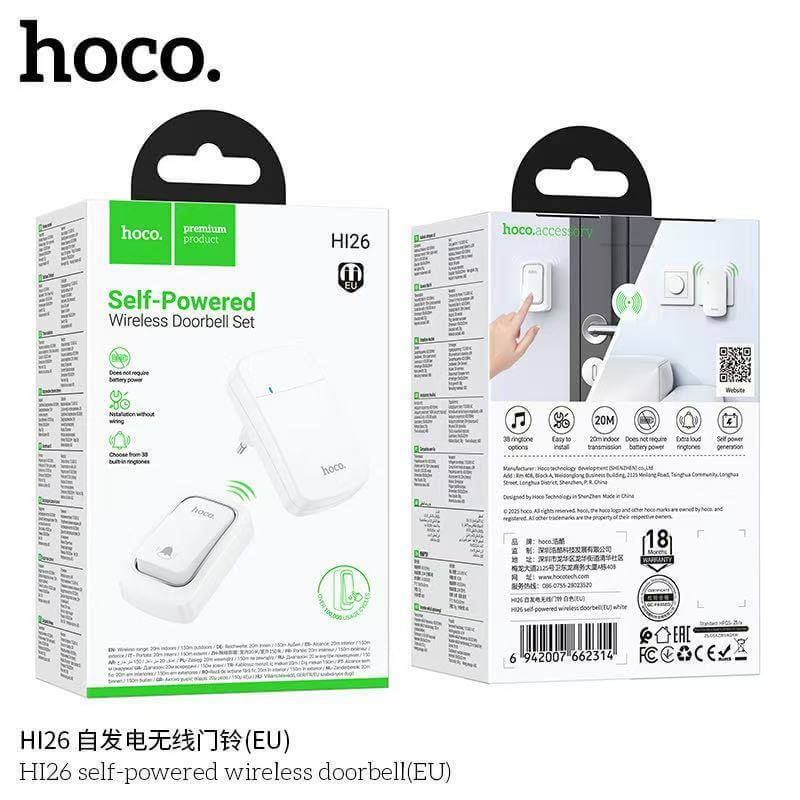 กริ่งไร้สาย HOCO HI26 ไม่ต้องใช้ถ่าน ระยะ 150 เมตร 38 ริงโทน ออดประตู กริ่งประตู สีขาว