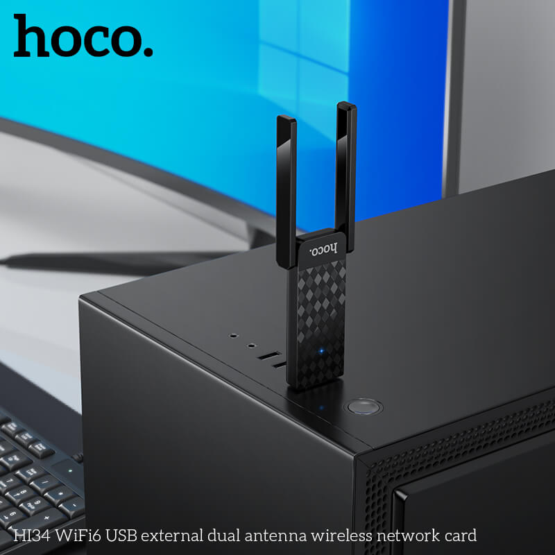 อุปกรณ์รับสัญญาณ HOCO HI34 แบบเสาคู่ สีดำ ความเร็ว 600MBPS ADAPTER USB 5GHZ ยูเอสบีไวไฟ