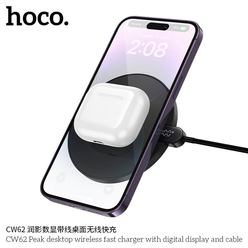แท่นชาร์จไร้สาย 2IN1 HOCO CW62 ระบบ QI พร้อมหน้าจอ LED กำลังไฟสูงสุด 15W สำหรับสมาร์ทโฟน และ หูฟังไร้สาย สีดำ