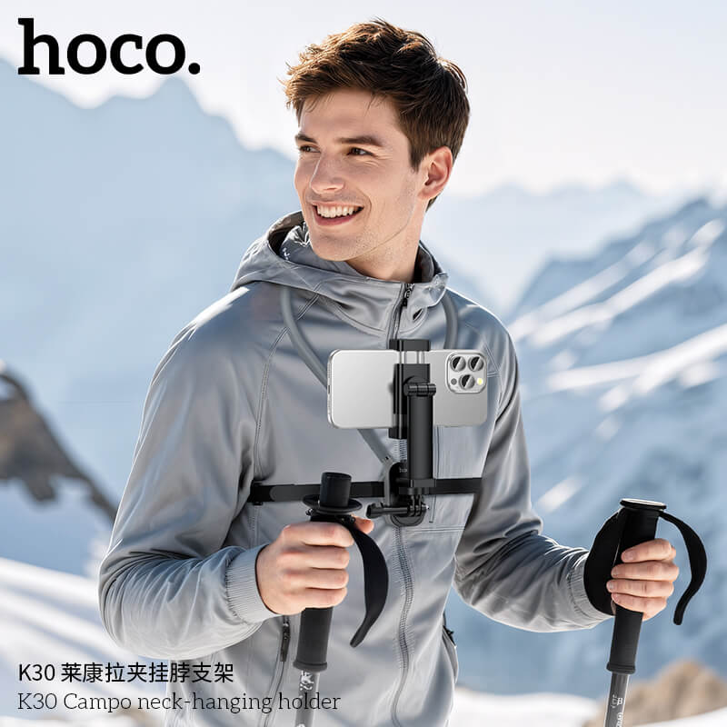 ที่จับโทรศัพท์ HOCO K30 สีดำ แบบคล้องคอ พร้อมสายรัดหน้าอก หมุนได้ 360&deg;