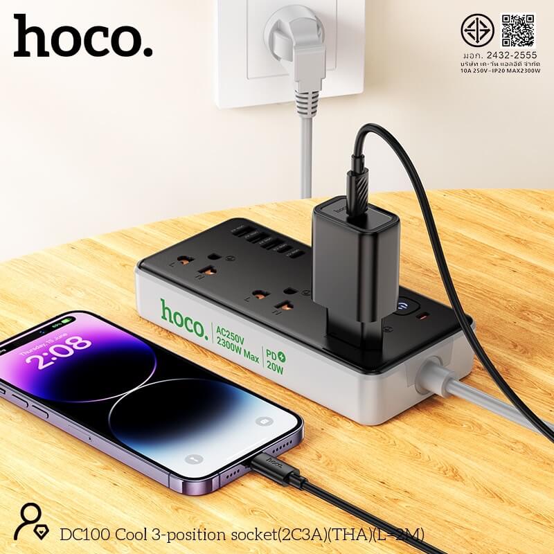 รางปลั๊กไฟ 3ช่อง 3USB 2TYPE-C 1สวิตช์ HOCO DC100 สีดำ 2300W สายยาว 2M