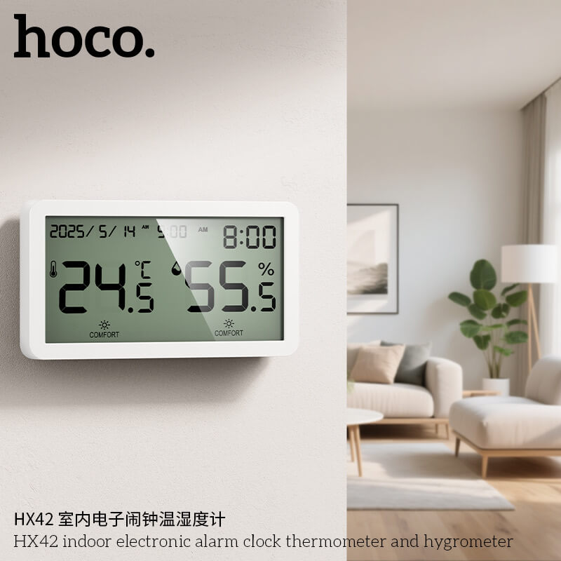 นาฬิกาดิจิตอล 5-IN-1 HOCO HX42 จอแสดงผล LCD วัดอุณหภูมิ วัดความชื้น ตั้งปฏิทิน ตั้งปลุก