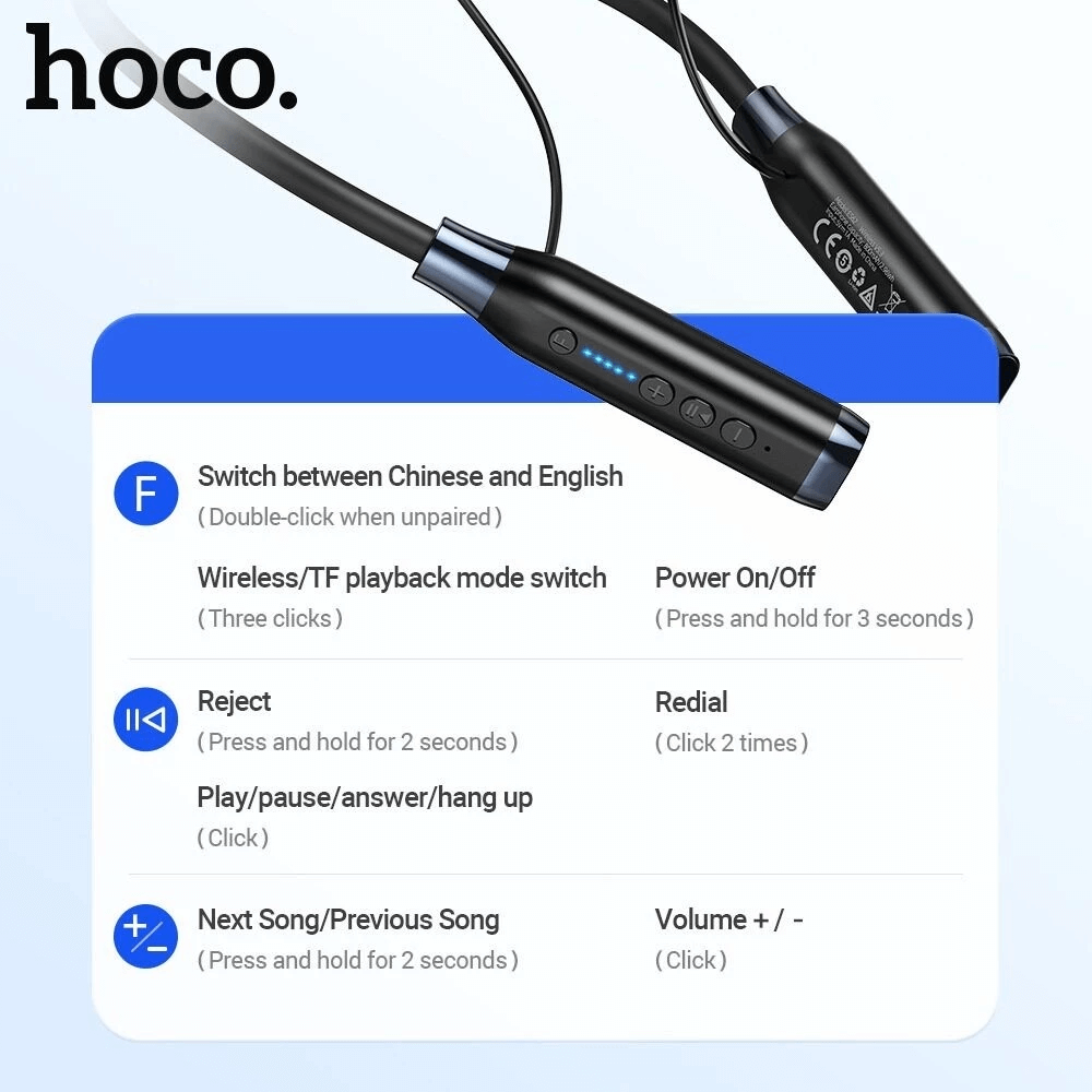 หูฟังไร้สาย HOCO ES62 สีเทา แบบคล้องคอ ใช้งานได้ต่อเนื่อง 120 ชม. รองรับ TF CARD ความจุ 32 GB