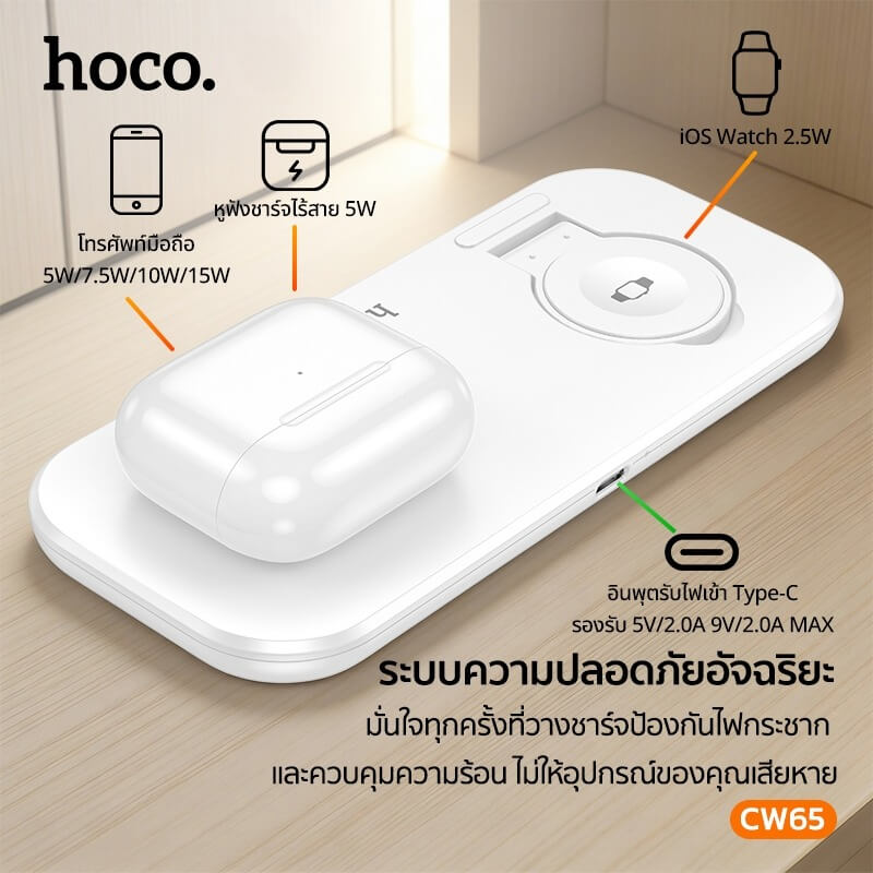 แท่นชาร์จไร้สาย 3-IN-1 HOCO CW65 สีดำ ระบบชาร์จ QI สำหรับโทรศัพท์ APPLE WATCH และ AIRPODS