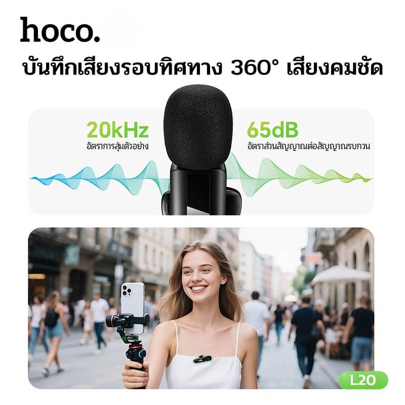 ไมโครโฟนไร้สาย HOCO L20 TYPE-C รับเสียง HD 360&deg; ระบบลดเสียงรบกวน สำหรับ ANDROID & IPHONE 15-17