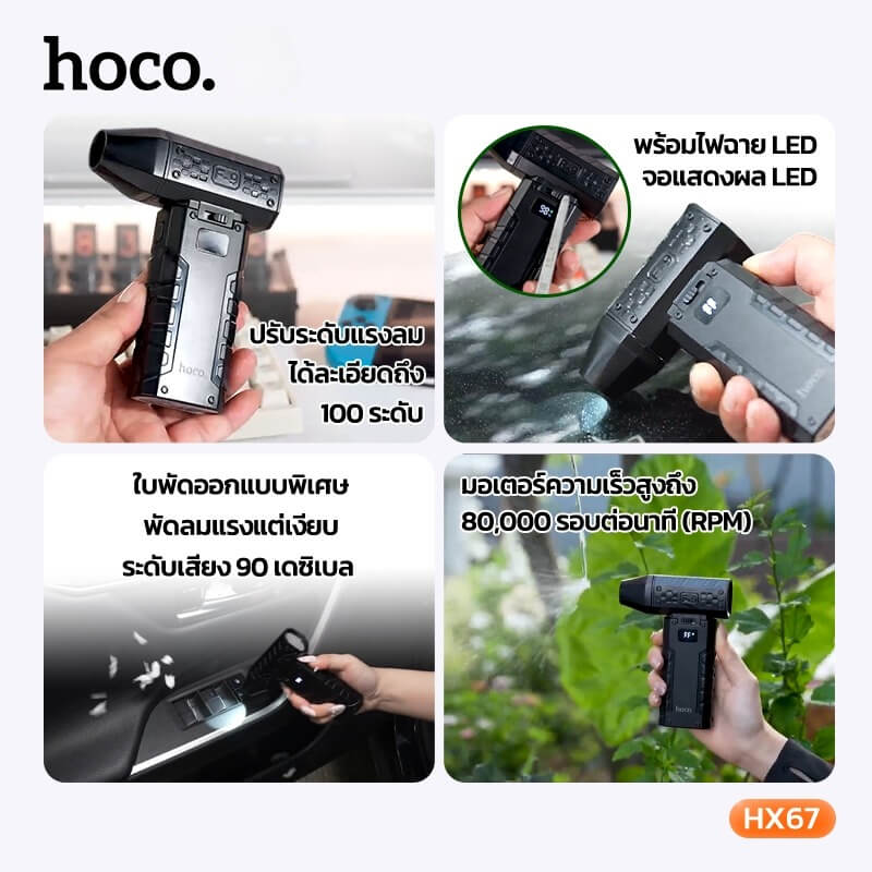พัดลมพกพา HOCO HX67 ความเร็วสูง 80000RPM ปรับแรงลม 100 ระดับ พร้อมไฟฉุกเฉิน