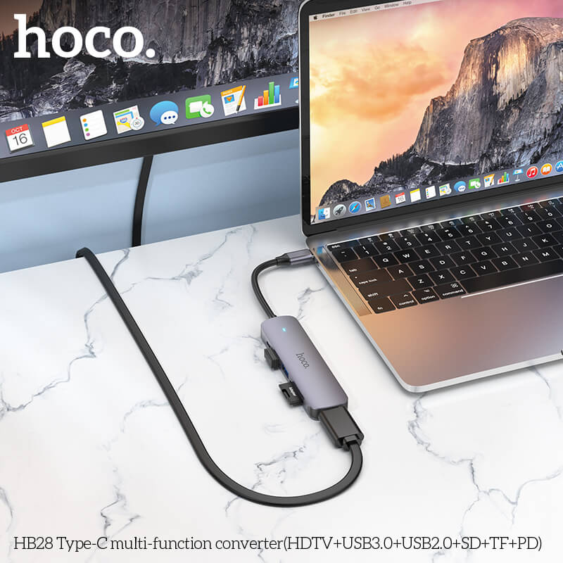 อุปกรณ์เชื่อมต่อ ยูเอสบี-ซี มีเดีย ฮับ 6-IN-1 HOCO HB28 TYPE-C 100W MULTIFUNCTION ADAPTER