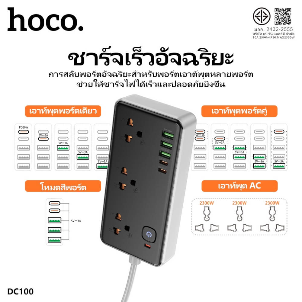 รางปลั๊กไฟ 3ช่อง 3USB 2TYPE-C 1สวิตช์ HOCO DC100 สีดำ 2300W สายยาว 2M