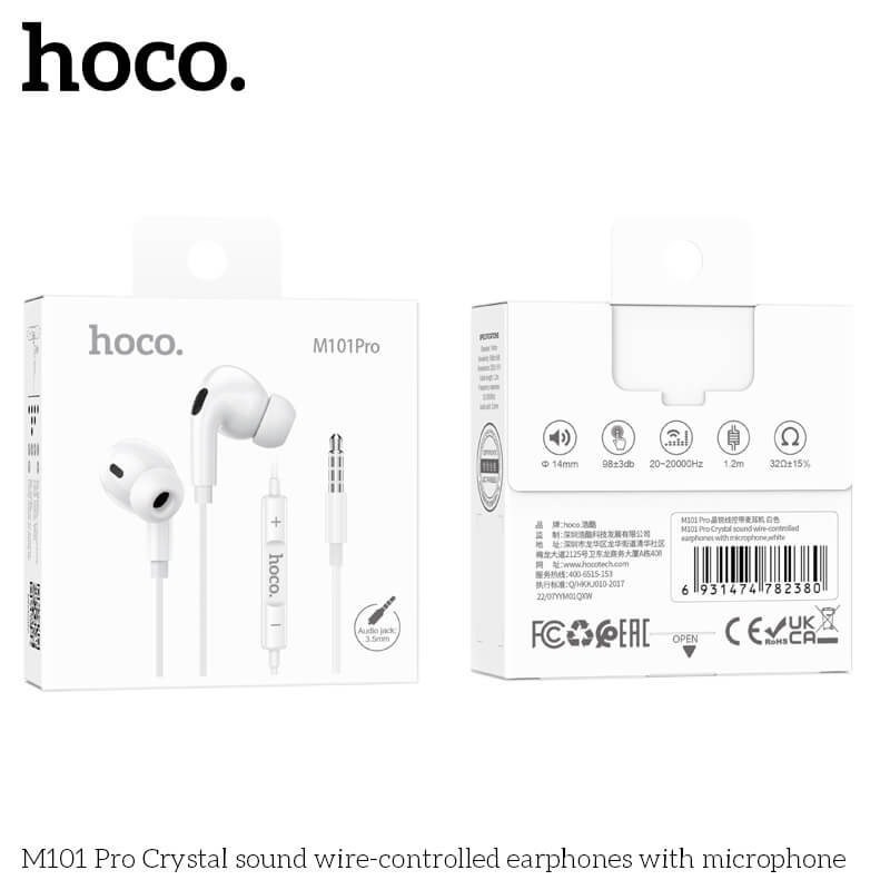 หูฟัง HOCO M101 PRO สาย AUX 3.5MM สีขาว ไมโครโฟนในตัว พร้อมปุ่มคอนโทรล