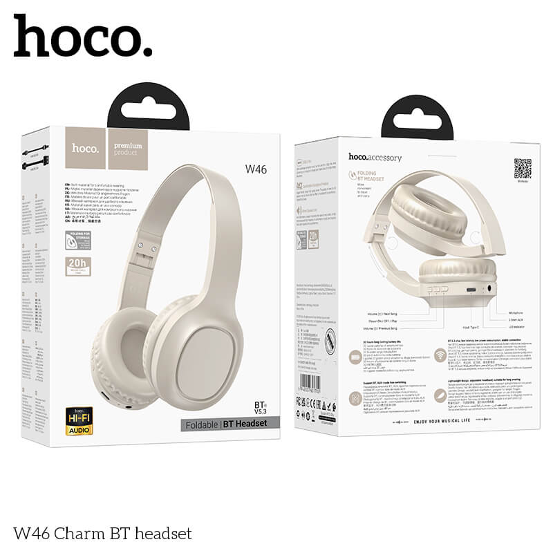 หูฟังไร้สาย HOCO W46 สีขาว AUX 3.5MM แบตเตอรี่ 20 ชม. BT 5.3 ไมค์ในตัว