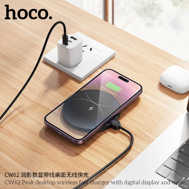 แท่นชาร์จไร้สาย 2IN1 HOCO CW62 ระบบ QI พร้อมหน้าจอ LED กำลังไฟสูงสุด 15W สำหรับสมาร์ทโฟน และ หูฟังไร้สาย สีดำ
