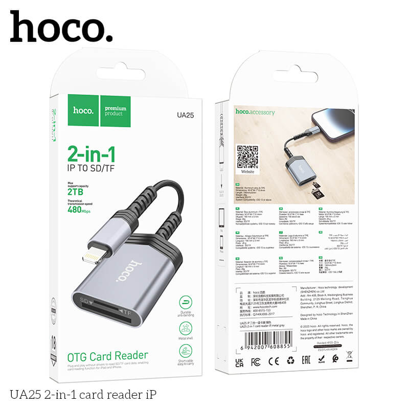 การ์ดรีดเดอร์ IOS LIGHTNING 2IN1 HOCO UA25 ความเร็วสูง 480MBPS รับไฟล์สูงสุด 2TB รองรับ OTG สำหรับ IPHONE 6-14