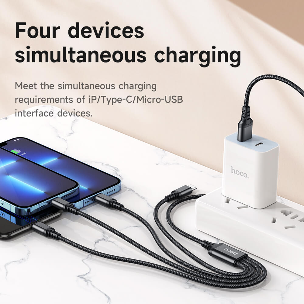 สายชาร์จ 4 หัว HOCO X76 4IN1 สำหรับ IOS (X2) + MICRO + TYPE-C (X2) ยาว 1 เมตร จ่ายไฟเต็ม 2A สีรวม