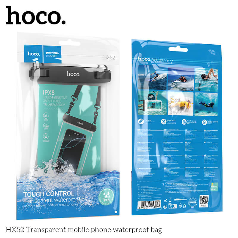 ซองมือถือกันน้ำ HOCO HX52 ระดับ IP68 ล็อค 2 ชั้น รองรับหน้าจอสัมผัส พร้อมสายคล้องคอ สีดำ