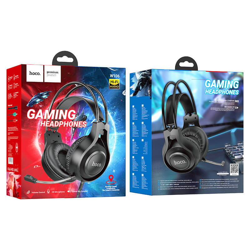 หูฟังเกมมิ่ง HOCO W106 แบบมีสาย AUX 3.5 มม. พร้อมไดร์เวอร์ HI-FI ขนาด 50 มม. และไมโครโฟนตัดเสียงรบกวน HD