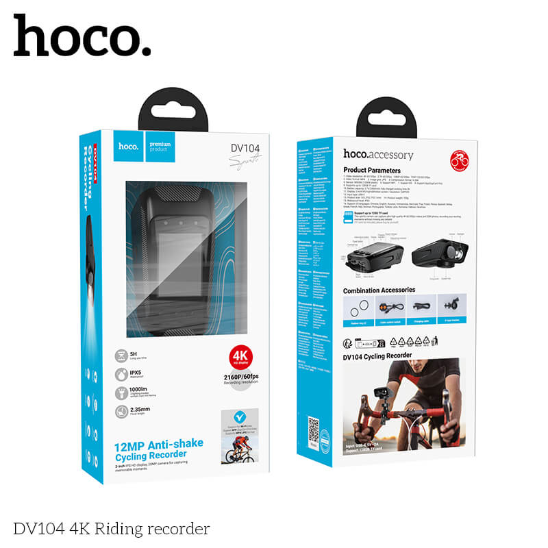 กล้องติดจักรยาน HOCO DV104 4K 60FPS พร้อมไฟหน้าในตัว 1000LM หน้าจอ IPS HD กันสั่น กันน้ำ IPX5 รองรับ WIFI และ APP