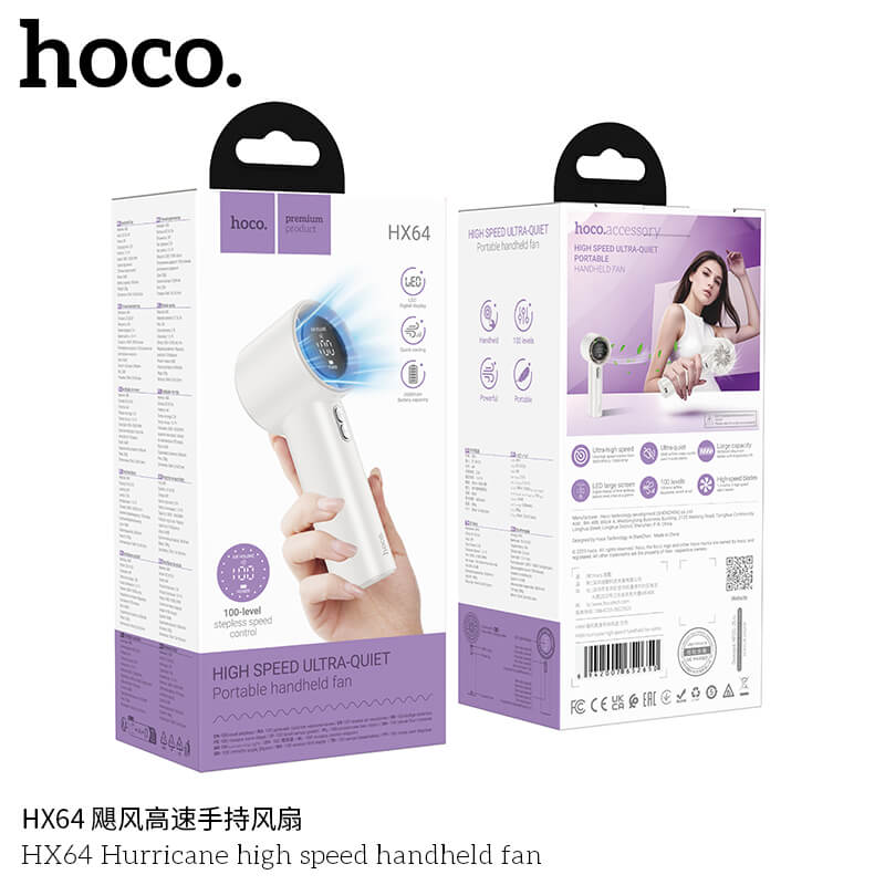 พัดลมพกพา HOCO HX64 แรงลมเทอร์โบ ปรับได้ 100 ระดับ หน้าจอดิจิทัล แบตเตอรี่ 3600MAH ใช้งานสูงสุด 7 ชั่วโมง