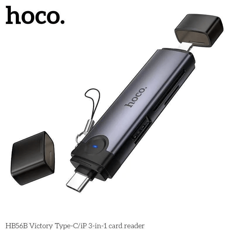การ์ดรีดเดอร์ 3IN1 HOCO HB56B TYPE-C + IOS LIGHTNING อ่าน SD CARD, MICRO SD CARD, USB FLASH DRIVE รองรับ OTG ความเร็วสูง 5GBPS