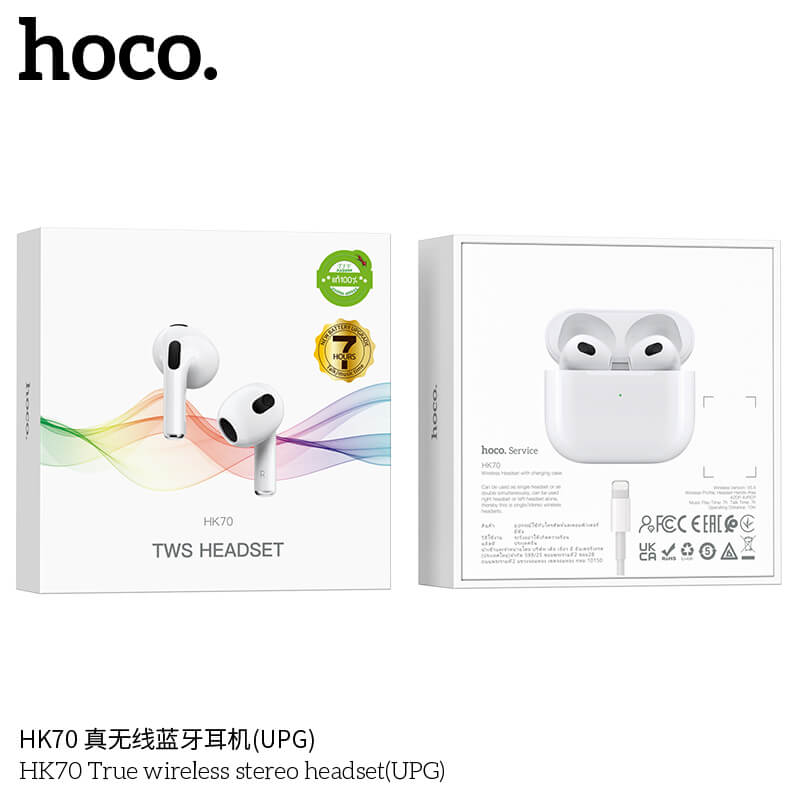 หูฟังไร้สาย TWS  HOCO HK70 แบตเตอรี่ 7 ชม. BT 5.4 คุณภาพเสียง HIFI ไมค์ในตัว ทรงเอียร์บัด หูฟังบลูทูธ สีขาว