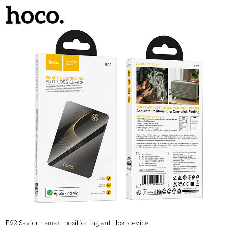 อุปกรณ์ติดตามจีพีเอส HOCO E92 GPS TAG รูปแบบการ์ด สำหรับ IOS รองรับ APPLE FIND MY กันน้ำ IP68 สีดำ