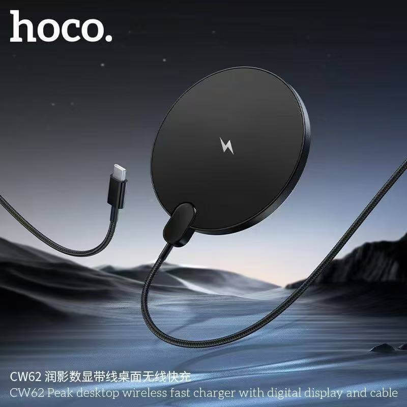 แท่นชาร์จไร้สาย 2IN1 HOCO CW62 ระบบ QI พร้อมหน้าจอ LED กำลังไฟสูงสุด 15W สำหรับสมาร์ทโฟน และ หูฟังไร้สาย สีดำ