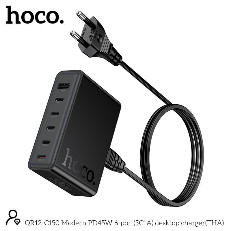 หัวชาร์จเร็ว 6IN1 HOCO C150 พอร์ต TYPE-C 5 ช่อง + USB 1 ช่อง แบบตั้งโต๊ะ