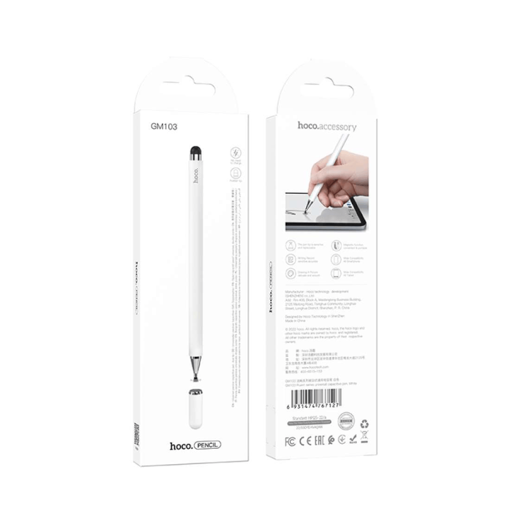 ปากกาสไตลัส 2-IN-1 HOCO GM103 ใช้งานได้ 2 หัว รองรับหน้าจอ แท็บเล็ต มือถือ ชนิด CAPACITIVE สีขาว