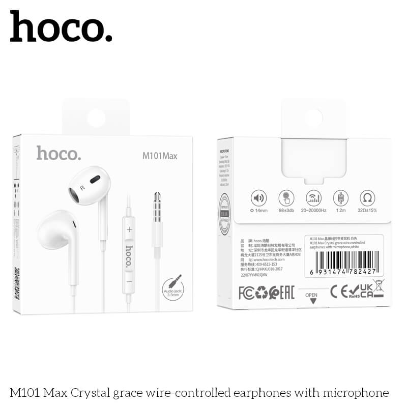 หูฟัง HOCO M101 MAX สาย AUX 3.5MM สีขาว ไมโครโฟนในตัว พร้อมปุ่มคอนโทรล