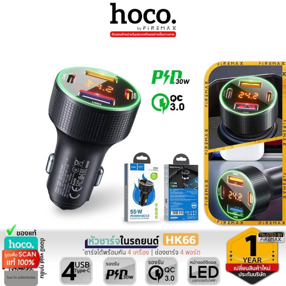 หัวชาร์จในรถยนต์ 4 พอร์ต HOCO HK66 จ่ายไฟสูงสุด 55W รองรับชาร์จเร็ว PD 30W + QC 3.0 มีจอบอกแรงดันไฟ