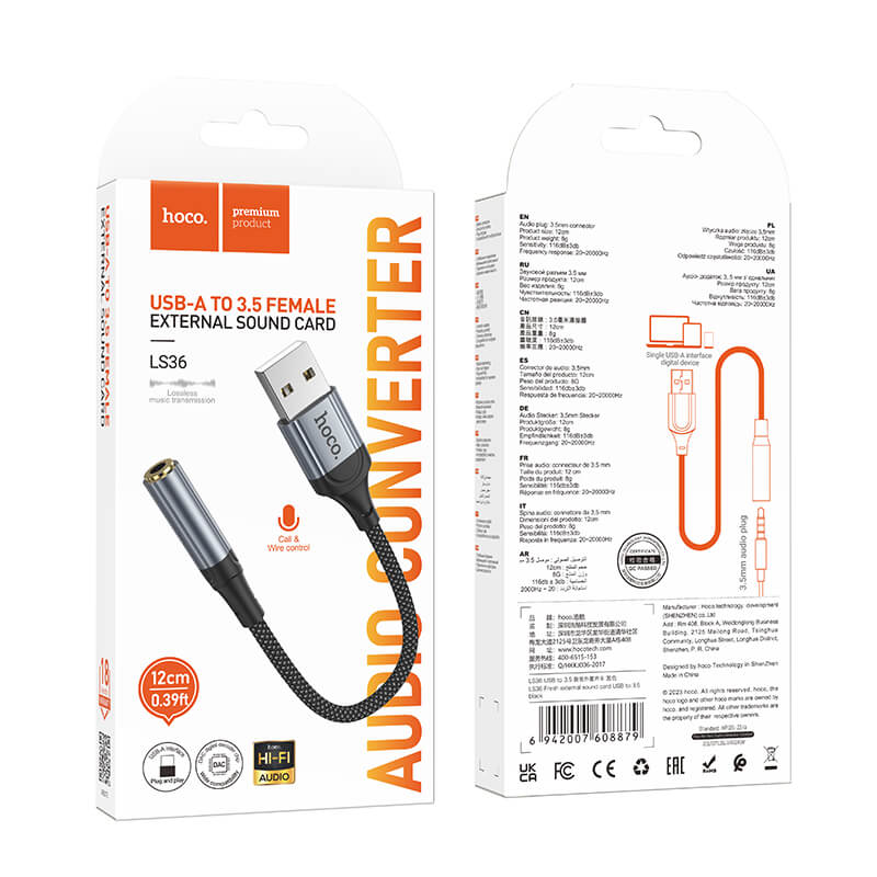 ตัวแปลงหูฟัง USB TO AUX 3.5MM HOCO LS36 ชิป DAC คุณภาพเสียง HIFI รองรับการโทรและฟังเพลง