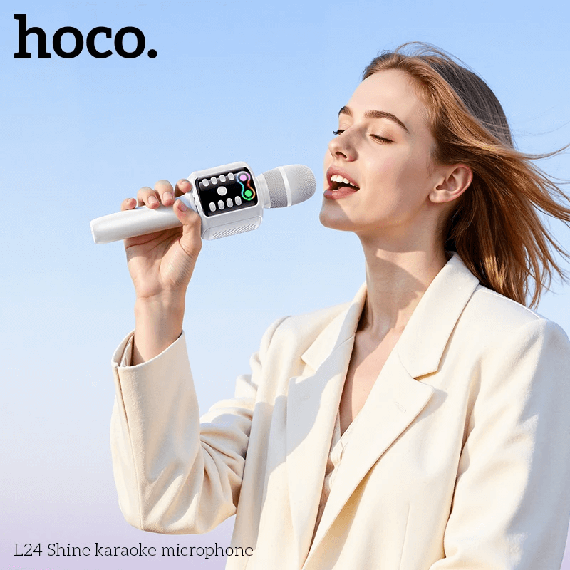 ไมโครโฟนคาราโอเกะ HOCO L24 สีขาว พร้อมลำโพงในตัว บลูทูธ 5.4, ไฟ RGB, เล่นไฟล์ผ่าน USB/TF/AUX