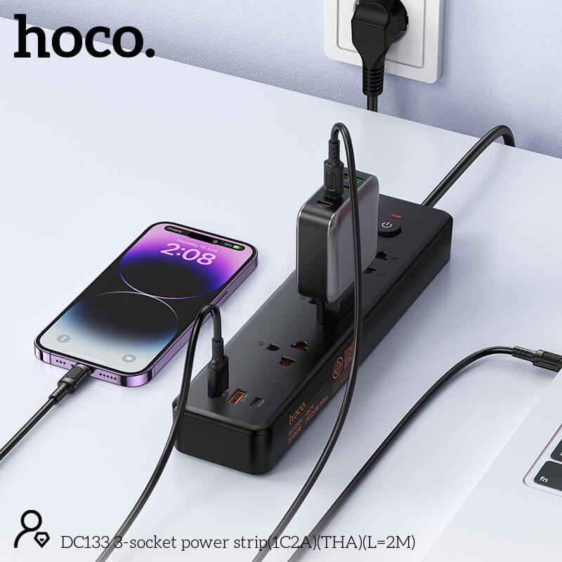 รางปลั๊กไฟ 3 ช่อง 2 USB 1 TYPE-C 1 สวิตช์ HOCO DC133 สีดำ 2300W สายยาว 2M