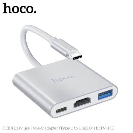 อะแดปเตอร์ฮับ HOCO HB14 แปลงช่อง TYPE-C เป็น 4K HDMI HDTV + USB 3.0 + PD 2.0 สีเงิน_0
