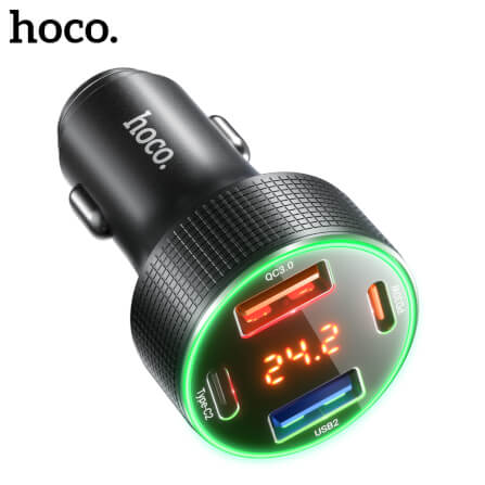 หัวชาร์จในรถยนต์ 4 พอร์ต HOCO HK66 จ่ายไฟสูงสุด 55W รองรับชาร์จเร็ว PD 30W + QC 3.0 มีจอบอกแรงดันไฟ_0
