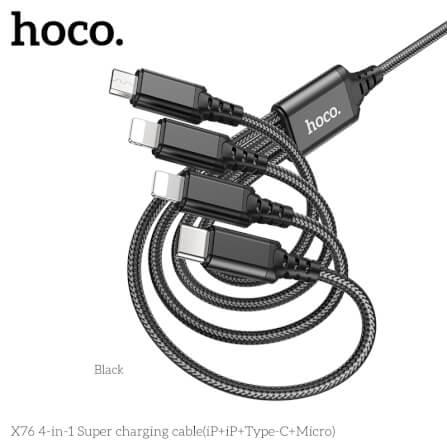 สายชาร์จ 4 หัว HOCO X76 4IN1 สำหรับ IOS (X2) + MICRO + TYPE-C (X2) ยาว 1 เมตร จ่ายไฟเต็ม 2A สีดำ_0