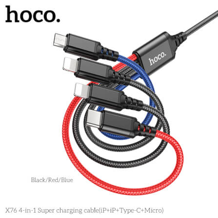 สายชาร์จ 4 หัว HOCO X76 4IN1 สำหรับ IOS (X2) + MICRO + TYPE-C (X2) ยาว 1 เมตร จ่ายไฟเต็ม 2A สีรวม_0