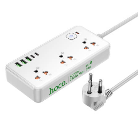 รางปลั๊กไฟ 8IN1 HOCO DC100 3 ช่อง 2 USB 3 TYPE-C 1 สวิตช์ 2300W สายยาว 2M สีขาว_0
