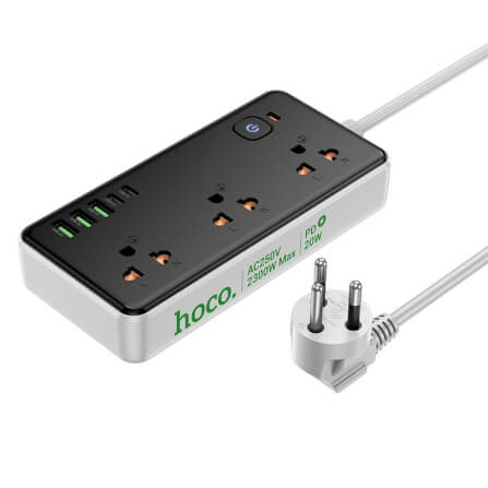 รางปลั๊กไฟ 3ช่อง 3USB 2TYPE-C 1สวิตช์ HOCO DC100 สีดำ 2300W สายยาว 2M_0