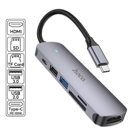อุปกรณ์เชื่อมต่อ ยูเอสบี-ซี มีเดีย ฮับ 6-IN-1 HOCO HB28 TYPE-C 100W MULTIFUNCTION ADAPTER_0