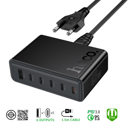 หัวชาร์จเร็ว 6IN1 HOCO C150 พอร์ต TYPE-C 5 ช่อง + USB 1 ช่อง แบบตั้งโต๊ะ_0