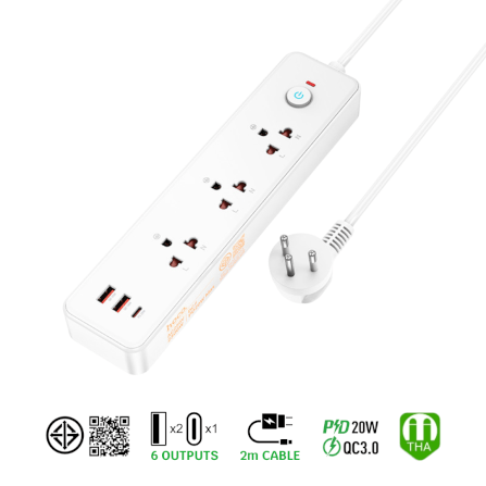 รางปลั๊กไฟ 3 ช่อง 2 USB 1 TYPE-C 1 สวิตช์ HOCO DC133 สีขาว 2300W สายยาว 2M_0