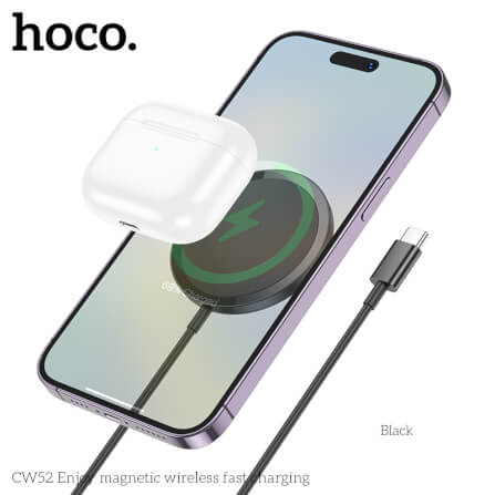 แท่นชาร์จไร้สาย 2IN1 HOCO CW52 QI WIRELESS จ่ายไฟ 15W รองรับ มือถือ & หูฟังไร้สาย IOS ANDROID สีดำ_1