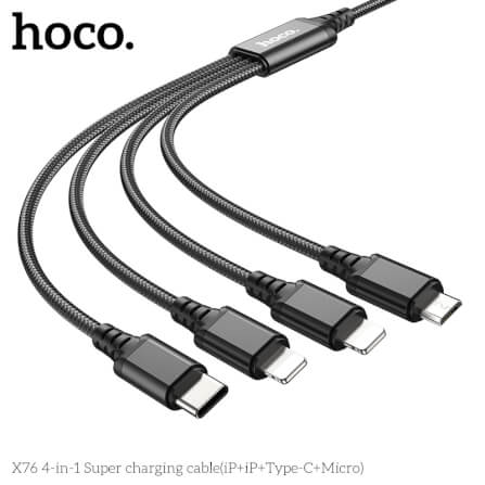 สายชาร์จ 4 หัว HOCO X76 4IN1 สำหรับ IOS (X2) + MICRO + TYPE-C (X2) ยาว 1 เมตร จ่ายไฟเต็ม 2A สีดำ_1