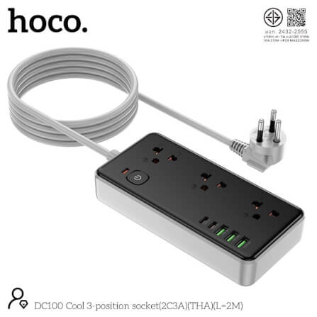 รางปลั๊กไฟ 3ช่อง 3USB 2TYPE-C 1สวิตช์ HOCO DC100 สีดำ 2300W สายยาว 2M_1