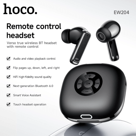 หูฟังไร้สาย HOCO EW204 พร้อมเคสรีโมทคอนโทรล ควบคุมสมาร์ทโฟน การชมวิดีโอ การฟังเพลง การถ่ายรูป สีดำ_1