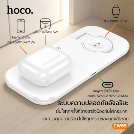 แท่นชาร์จไร้สาย 3-IN-1 HOCO CW65 สีขาว ระบบชาร์จ QI สำหรับโทรศัพท์ APPLE WATCH และ AIRPODS_1