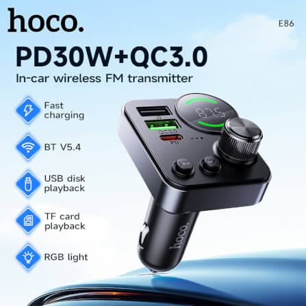 บลูทูธรถยนต์ + หัวชาร์จในรถ 2IN1 HOCO E86 ชาร์จเร็ว PD 30W + QC 3.0 รองรับแฟลชไดรฟ์ TF CARD สีดำ_1