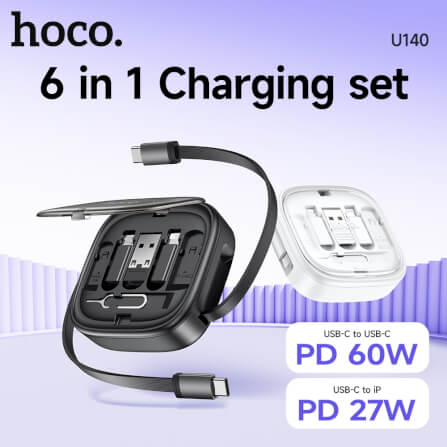 ชุดสายชาร์จเร็ว 6IN1 HOCO U140 สีดำ พร้อมกล่องเก็บ TYPE-C TO TYPE-C จ่ายไฟ 60W และหัวแปลง 3 ชนิด_1