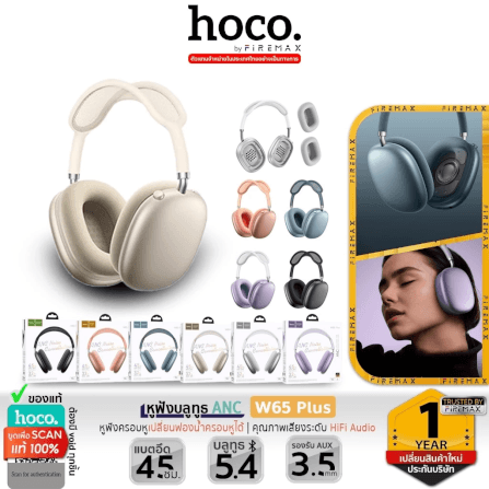 หูฟังบลูทูธ HOCO W65 PLUS สีฟ้า ระบบตัดเสียงรบกวน ANC แบตเตอรี่ 45 ชม. เปลี่ยนที่ครอบหูได้ รองรับ AUX 3.5MM_1