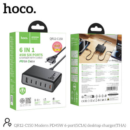 หัวชาร์จเร็ว 6IN1 HOCO C150 พอร์ต TYPE-C 5 ช่อง + USB 1 ช่อง แบบตั้งโต๊ะ_10